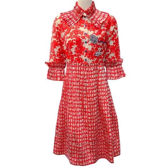 Dice Kayek Red / White Houndstooth Floral Dress - Picture 1 of 4